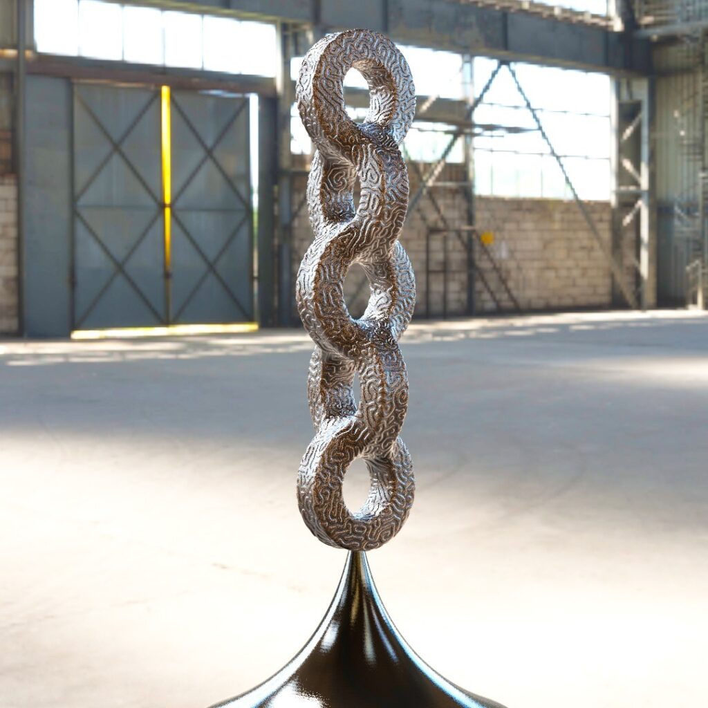 Dans un espace urbain, cette sculpture fascinante dÃ©fie la gravitÃ© avec ses maillons entrelacÃ©s dans une danse d'Ã©quilibre et de force. Un clin d'Åil artistique…